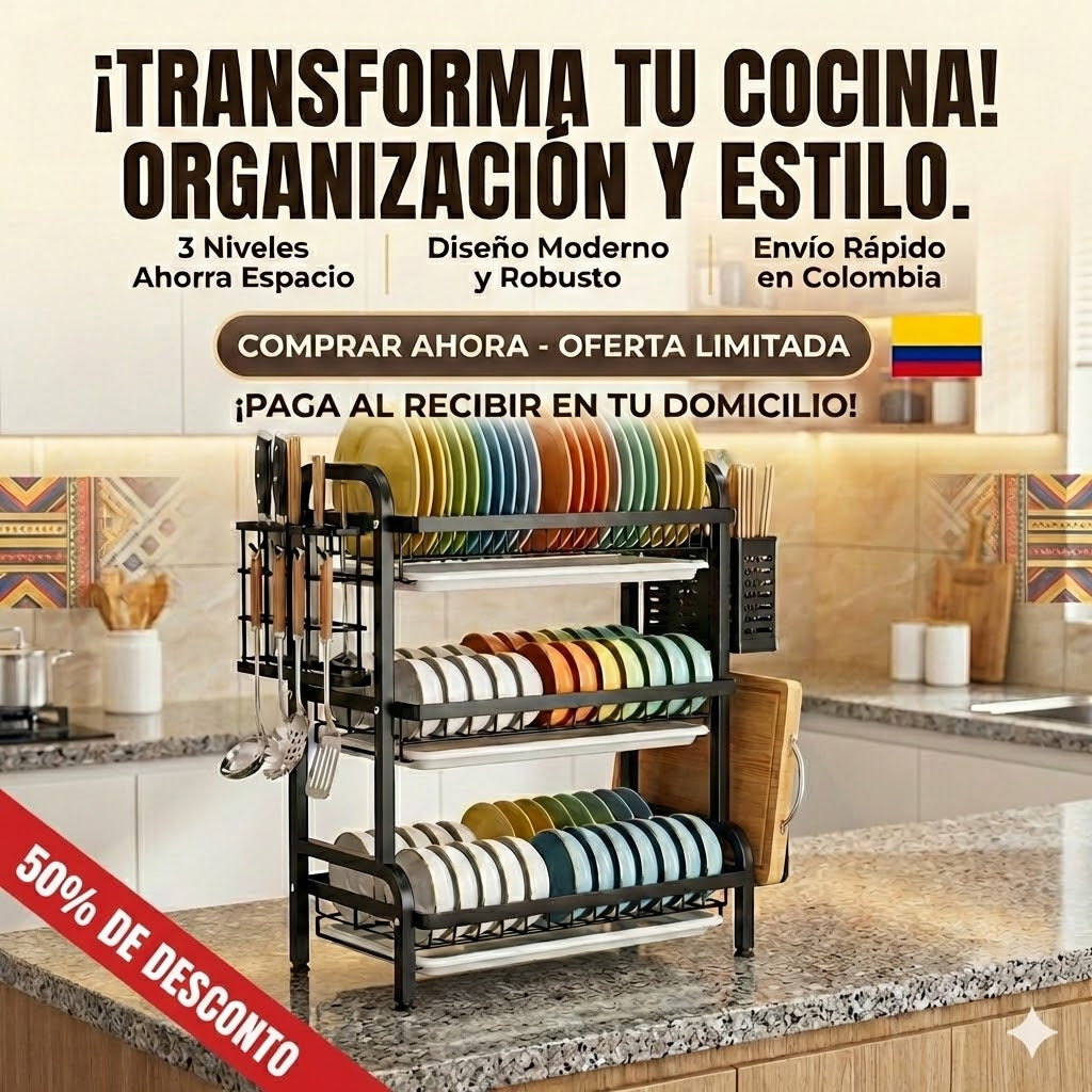 SUPER PROMO! Escurridor Platos e organizador 3 Niveles en Acero Inoxidable.