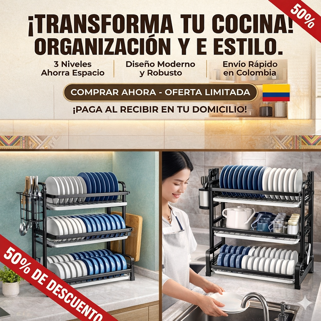 SUPER PROMO! Escurridor Platos e organizador 3 Niveles en Acero Inoxidable.