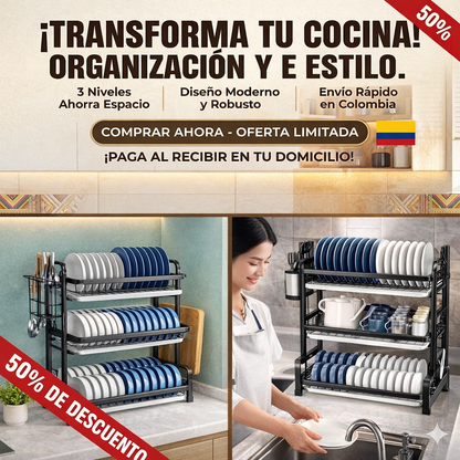 SUPER PROMO! Escurridor Platos e organizador 3 Niveles en Acero Inoxidable.