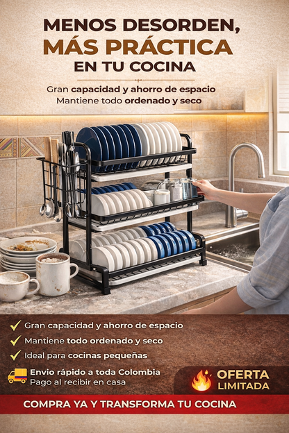 SUPER PROMO! Escurridor Platos e organizador 3 Niveles en Acero Inoxidable.